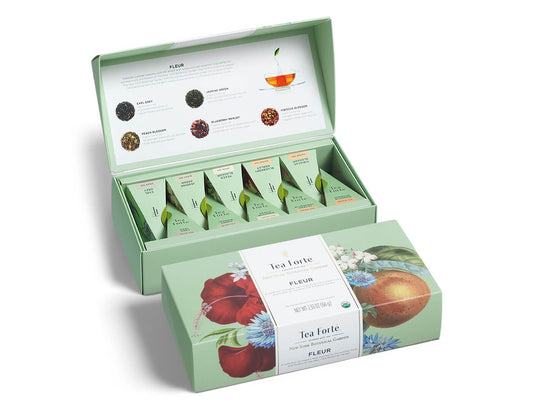 Fleur tea assortment in a 10 count petite presentation box with lid closed and open