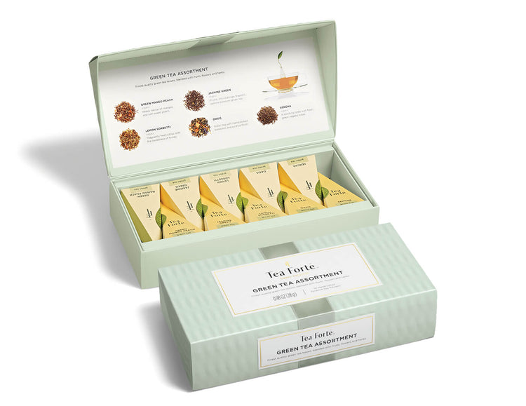 Green Tea tea assortment in a 10 count petite presentation box with lid closed and open
