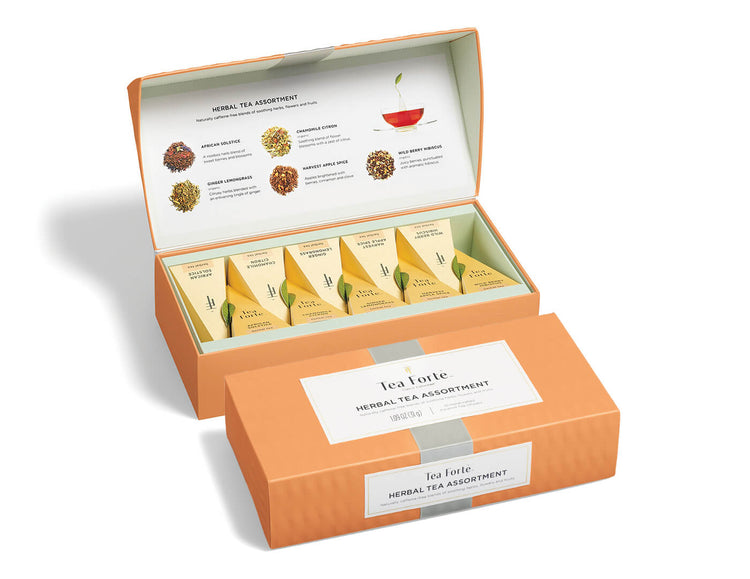 Herbal tea assortment in a 10 count petite presentation box with lid closed and open