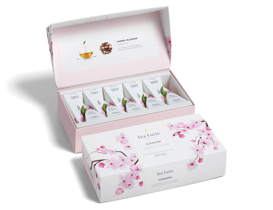 Hanami tea assortment in a 10 count petite presentation box with lid closed and open