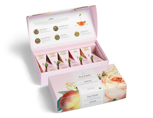 Jardin tea assortment in a 10 count petite presentation box with lid closed and open