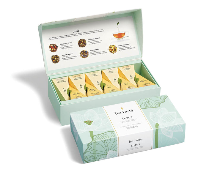 Lotus tea assortment in a 10 count petite presentation box with lid closed and open