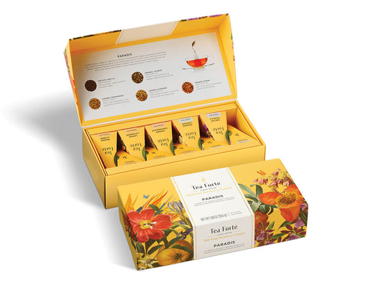 Paradis tea assortment in a 10 count petite presentation box with lid closed and open