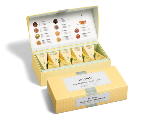 Tea Tasting tea assortment in a 10 count petite presentation box with lid closed and open