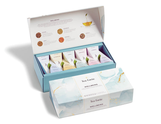 Wellbeing tea assortment in a 10 count petite presentation box with lid closed and open