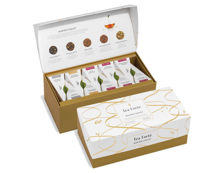 Winter Chalet Presentation Box of 20 pyramid infusers, with lid open and closed.