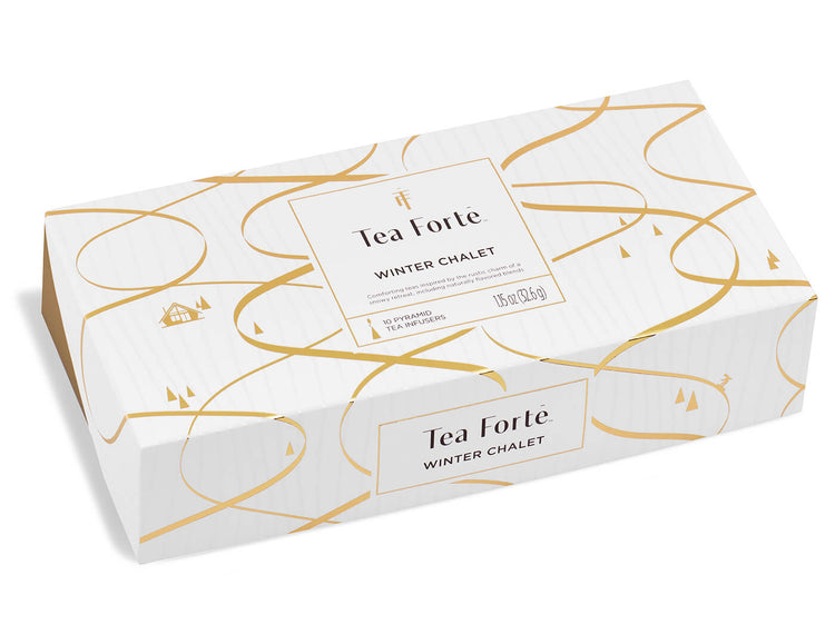 Winter Chalet Petite Presentation Box of 10 pyramid infusers, with lid closed.