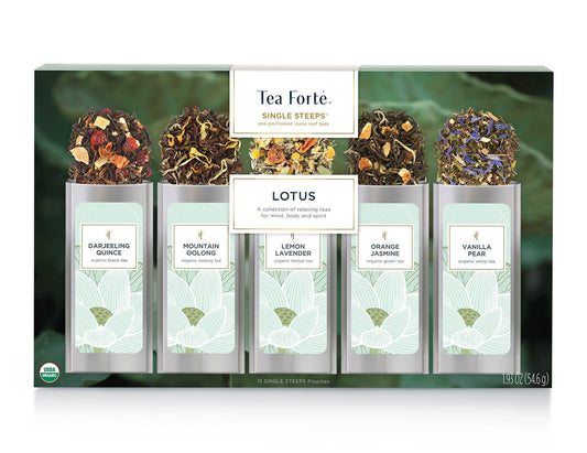 Lotus tea assortment in a 15 count box of Single Steeps pouches