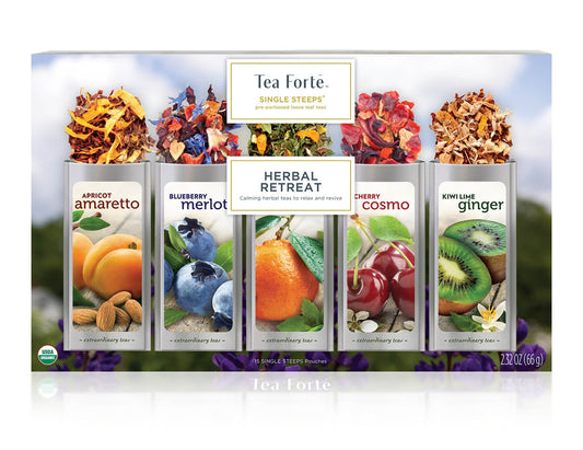 Herbal Retreat tea assortment 15 count box of Single Steeps pouches - view of box top