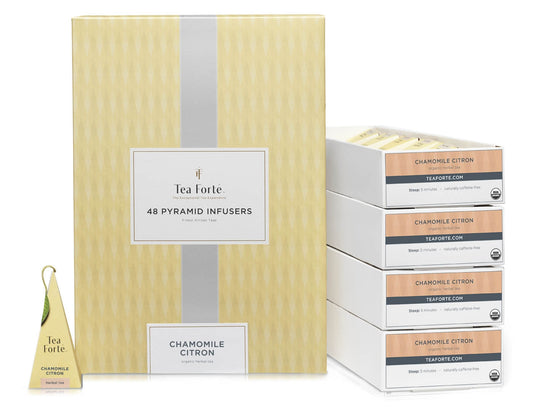 Chamomile Citron tea in a 48 count event box of pyramid infusers