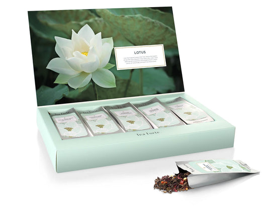 Lotus tea assortment in a 15 count box of Single Steeps pouches