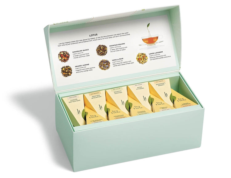 Lotus Presentation Box of 20 pyramid tea infusers, lid open