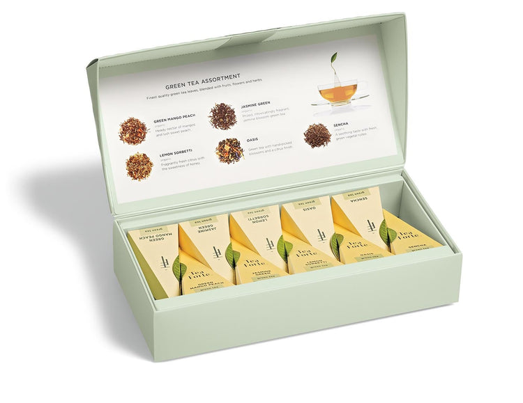 Green Tea tea assortment in a 10 count petite presentation box with lid open