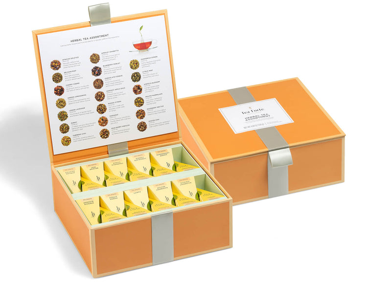 Herbal tea assortment in a 40 count tea chest of infusers with lid open