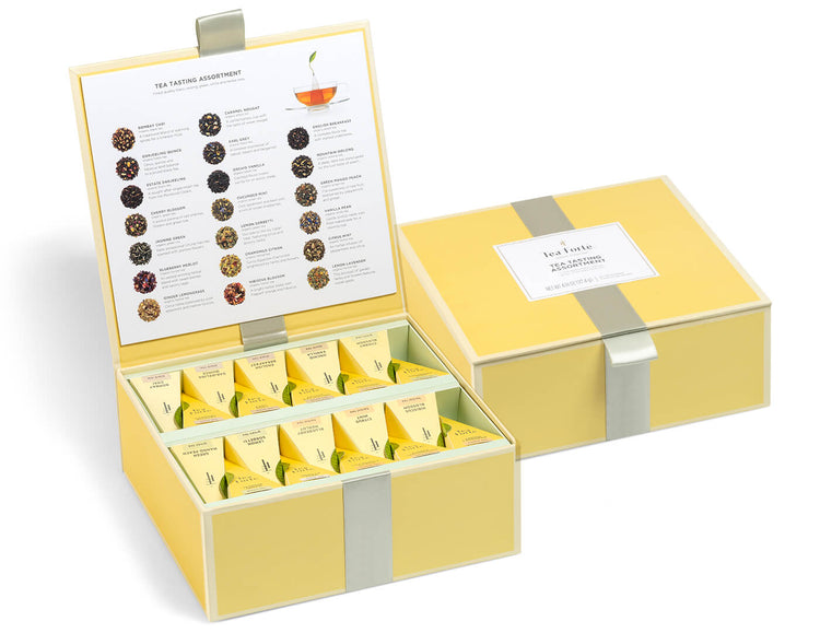 Tea Tasting tea assortment in a 40 count tea chest of pyramid infusers with lid open