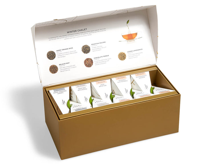 Winter Chalet presentation box of 20 pyramid tea infusers, with lid open