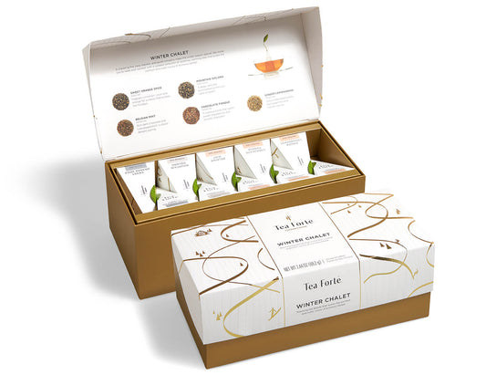 Winter Chalet presentation box of 20 pyramid tea infusers, with lid closed and open