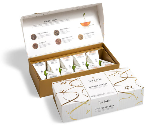 Winter Chalet tea assortment in a 10 count petite presentation box with lid closed and open