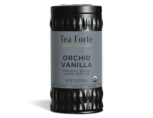 Orchid Vanilla tea in a canister of loose tea