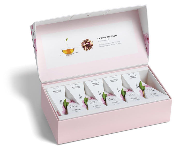 Hanami tea assortment in a 10 count petite presentation box with lid open