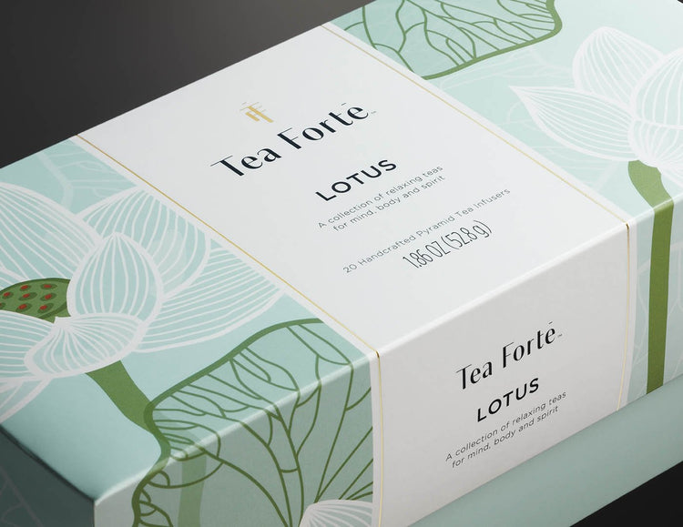 Lotus Presentation Box of 20 pyramid tea infusers, close up, lid closed