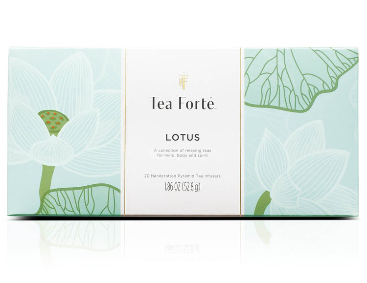 Lotus Presentation Box of 20 pyramid tea infusers, lid closed, front facing